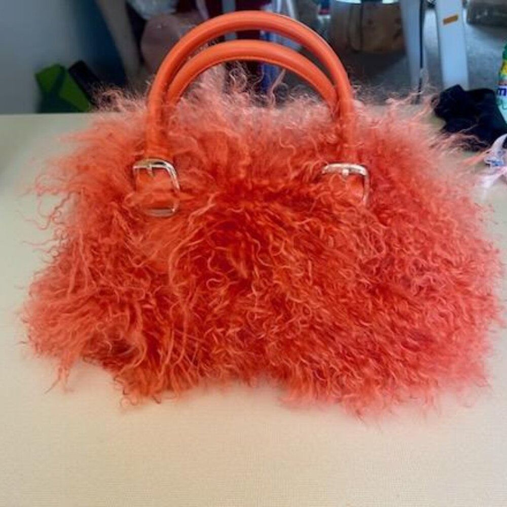 DKNY Avant Garde Designer Bright Orange Fur-Effect Purse-Lux Statement Piece